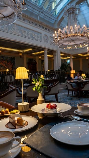 A cinematic, polished showcase of a three-course set menu at The Lanesborough Grill in London, highlighting the opulent interior, elegant plating, and refined dining experience.
