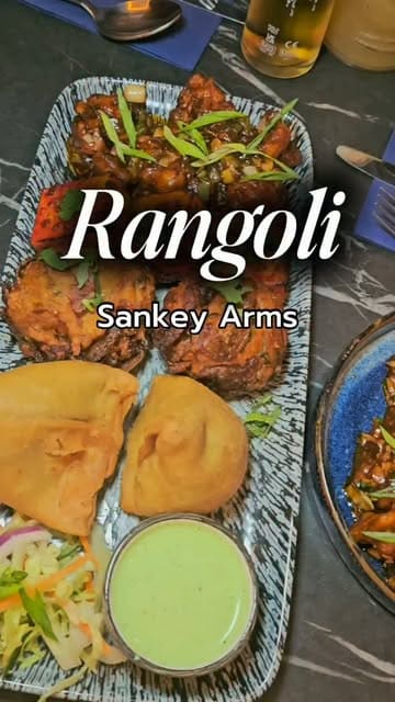 A promotional reel for Rangoli at the Sankey Arms, featuring a variety of Indian dishes, cocktails, and interior shots of the pub and restaurant areas.