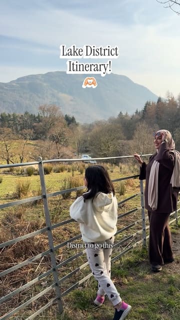 A family travel vlog documenting a short itinerary in the Lake District, featuring visits to Aira Force waterfall, scenic drives, and a stop at a halal fish and chip shop called The Codfather in Ambleside, followed by a visit to Lowther Castle.