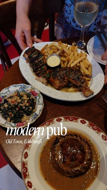 A montage showcasing various dishes and the interior of a pub in Edinburgh, focusing on elevated comfort food.
