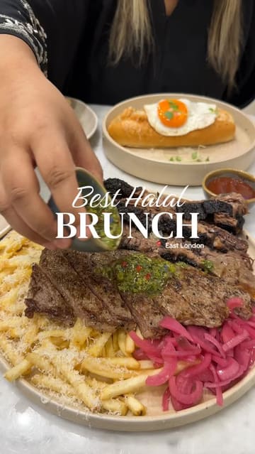 A montage showcasing various brunch dishes, desserts, and specialty drinks at Nour Cafe, featuring steak, fries, and a split-cup beverage.