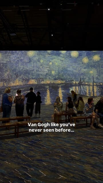 This reel provides a tour of the 'Beyond Van Gogh' immersive exhibition at the Utilita Arena in Newcastle. It features various projections of the artist's famous works, showing visitors walking through and interacting with the space, accompanied by a soundtrack.