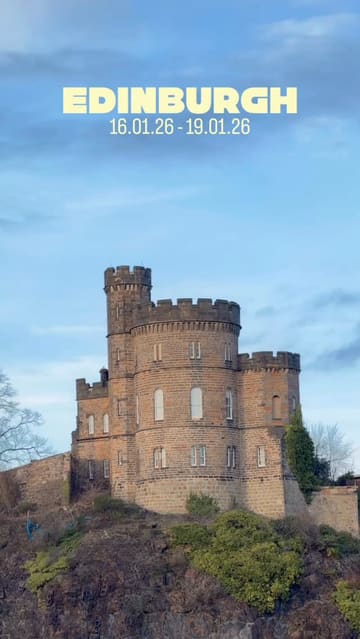 A travel vlog-style montage of a couple's trip to Edinburgh, showcasing their hotel stay at Canon Cave, various meals, drinks, and sightseeing activities.