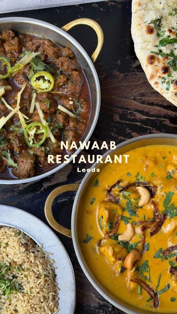 A creator visits Nawaab in Leeds, showcasing a variety of South Asian dishes including lamb chops, curries, naan, and a pineapple dessert, while highlighting the restaurant's atmosphere and menu.