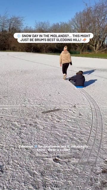 A short, casual video featuring a family sledging on a snowy hill in Birmingham. The video uses a mix of handheld and tracking shots to document the activity, accompanied by a voiceover and text overlay.