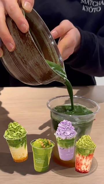 A series of close-up shots demonstrating the preparation of various matcha-based drinks, including pouring matcha, adding fruit layers, and topping with whipped cream.
