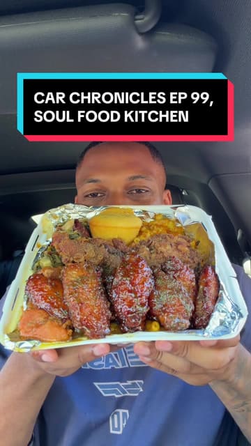 A creator reviews a 'Go Chop Box' from SFK Kitchen, sampling various soul food items including wings, mac and cheese, collard greens, candied yams, cornbread, and a deep-fried lamb chop.