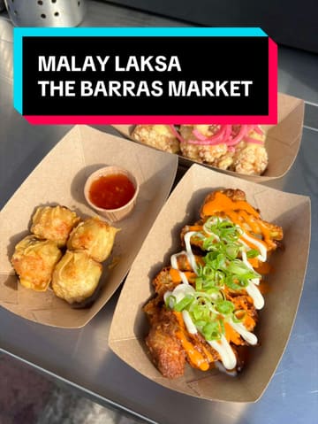 A creator visits a Malaysian street food stall at the Barras Market, reviewing several dishes including fried pork siu mai, fried chicken fillet, and honey mayo chicken bites.