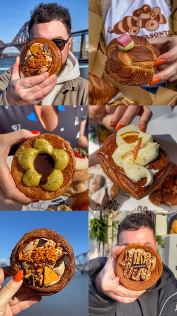 A listicle-style video featuring the creators' top five bakery picks across the UK, showcasing a variety of pastries and the storefronts of each location.