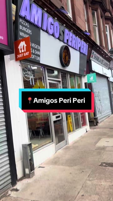 A review-style video showcasing Amigos Peri Peri in Glasgow, featuring the ordering process, menu, and various chicken dishes.