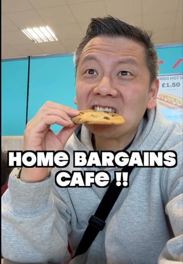 A creator visits a cafe located inside a Home Bargains store, highlighting the surprisingly affordable menu prices and the quality of the food, including hot dogs, smoothies, and cookies. The video provides a tour of the cafe, shows the menu boards, and shares a personal review of the experience.