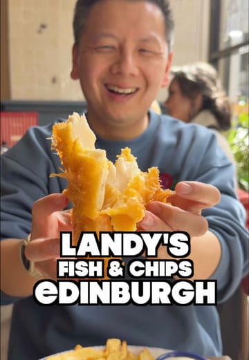 A review of Landy's Fish and Chips in Edinburgh, showcasing the traditional Scottish menu including haddock, chips, pizza crunch, and deep-fried Mars bar, while highlighting the family-friendly atmosphere.
