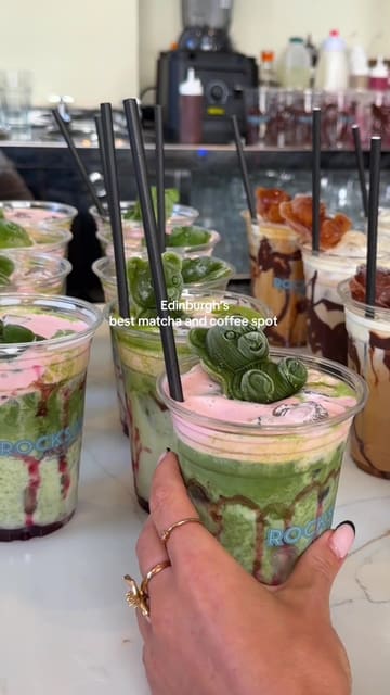 A short montage showcasing various matcha and coffee drinks topped with gummy bears at Rocksalt Cafe in Edinburgh.