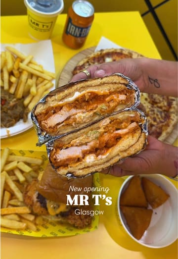 A fast-paced promotional reel for the new Mr T's location in Glasgow, highlighting their menu of burgers, pizzas, sandwiches, and loaded fries.