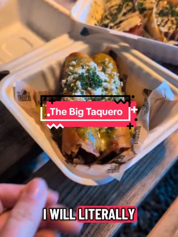 A vlog-style review of The Big Taquero in Dumbarton, Scotland. The creator highlights their love for Mexican food and reviews several dishes including beef birria tacos, pork belly tacos, and jalapeno hash browns, while also showing the outdoor seating area.