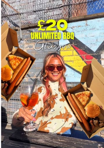 A high-energy vlog showcasing an unlimited BBQ event called 'Slice & Sizzle' at the Barras Art & Design in Glasgow. The creator highlights the £20 price point, the variety of food available (hot dogs, burgers, pizza, chicken, ribs), and the lively beer garden atmosphere, including the dog-friendly policy.