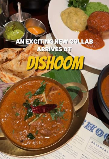 A short-form video review showcasing a limited-edition collaboration between Dishoom and chef Calum Franklin, featuring the 'Chicken Ruby Pie'. The video includes shots of the venue interior, the menu, and close-ups of the food being served and eaten, accompanied by text overlays describing the dishes.