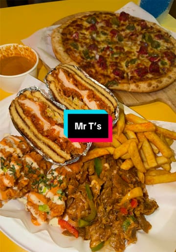 A fast-paced, energetic montage showcasing a variety of fast-food dishes including pizza, a sandwich, fries, and wings at Mr T's in Glasgow, accompanied by a mocktail.