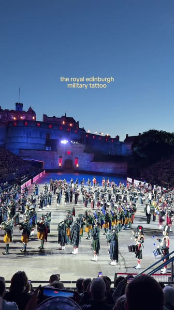 A montage of the Royal Edinburgh Military Tattoo, showcasing the precision drills, massed pipes and drums, and the dramatic lighting against the backdrop of Edinburgh Castle.