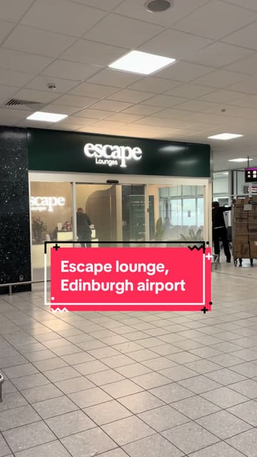 A walkthrough of the Escape Lounge at Edinburgh Airport, highlighting the buffet food selection, seating areas, and amenities like the coffee station and bar.