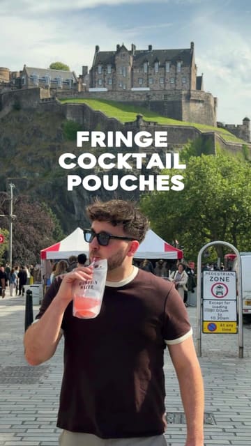 A creator reviews the resealable cocktail pouches available at Kimpton Charlotte Square in Edinburgh, demonstrating their convenience for enjoying drinks while attending the Fringe festival.