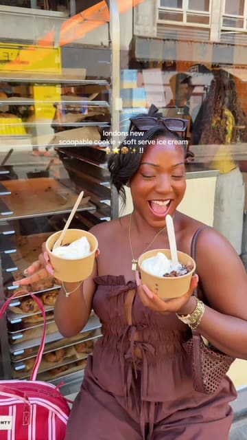 A creator visits Puffy in London to review their viral 'scoopable cookie' served with soft serve ice cream, highlighting the texture and the experience of eating it.