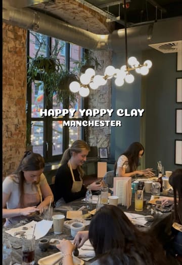 A montage video showcasing a group of people participating in a relaxed, wholesome air-dry clay workshop in a bar/cafe setting. The video highlights the social nature of the activity, showing participants chatting, drinking, and crafting pinch pots.