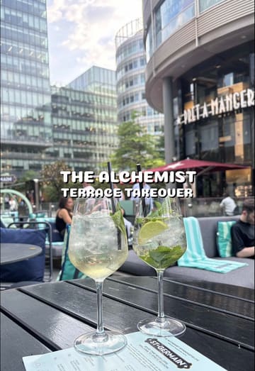 A short, energetic montage showcasing an outdoor terrace setting at a venue in Manchester. The video features close-ups of St-Germain spritz cocktails and various canapés, interspersed with shots of the venue's atmosphere, outdoor seating, and patrons enjoying the evening. The editing is fast-paced and set to music, creating a lively, social vibe.