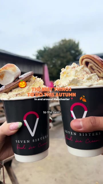 The video is a fast-paced listicle showcasing various autumn and Halloween-themed activities in and around Manchester, including pumpkin picking at Seven Sisters, multiple scare parks (Hallowscream, Scare City, Fear Factory), and a bottomless brunch at The Lawn Club. It uses a vlog-style format with quick cuts, text overlays, and music to highlight the atmosphere and experiences at each location.