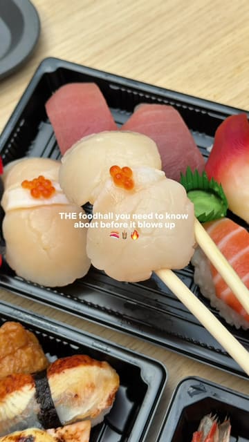 A short, punchy reel showcasing various food stalls at Bolton Market Foodhall, featuring sushi, katsu curry udon, and desserts.