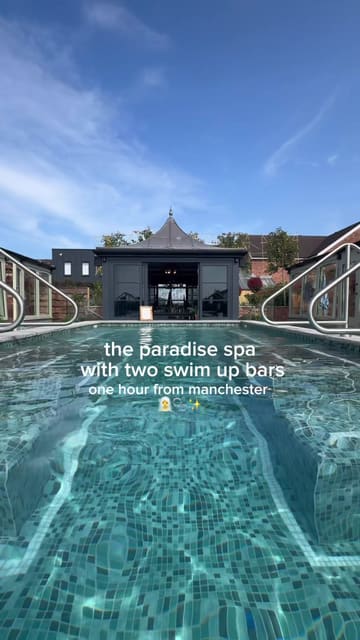 A promotional video for a spa hotel in Cheshire, featuring shots of the outdoor pool with swim-up bars, sauna facilities, the hotel bedroom, and a three-course dinner.