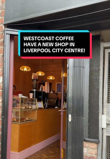 A short, handheld video tour of the new West Coast Coffee shop in Liverpool. The video captures the exterior, the interior space, the menu board, and close-ups of the coffee and pastry selection, providing a quick overview of the new venue.