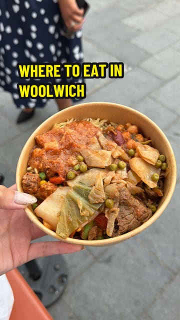 A fast-paced vlog-style tour of the food scene at Beresford Square Market in Woolwich, featuring various street food vendors including Caribbean, Somali, Nepalese, Nigerian, and dessert options.