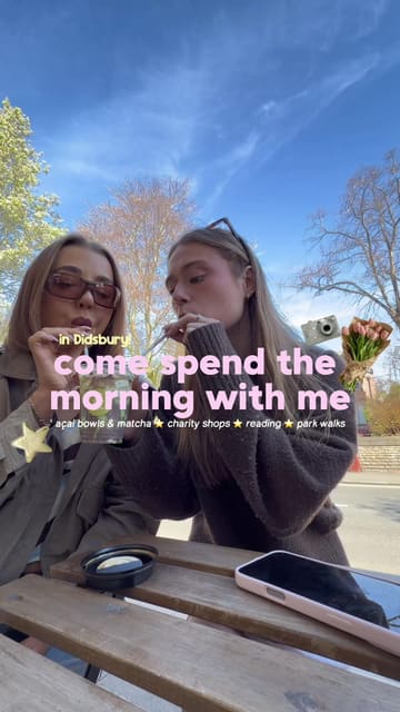 The video follows a creator's morning routine in Didsbury, Manchester, featuring a visit to Cabaña Cafe for coffee, matcha, and acai bowls, followed by shopping at Oliver Bonas and a walk in Fletcher Moss Park.