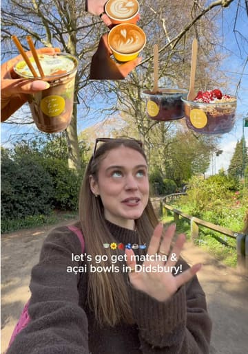 A vlog-style review of a small cafe hatch in Didsbury, showcasing their matcha, coffee, and customizable acai bowls.
