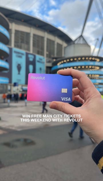 A promotional video featuring a creator explaining a Revolut giveaway event at a Manchester City football match, including free tickets, merchandise, and pies from a food van.