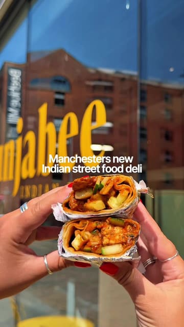 A promotional reel for Punjabee Indian Deli in Ancoats, Manchester, highlighting their new opening, affordable lunch menu, and variety of Indian street food dishes.