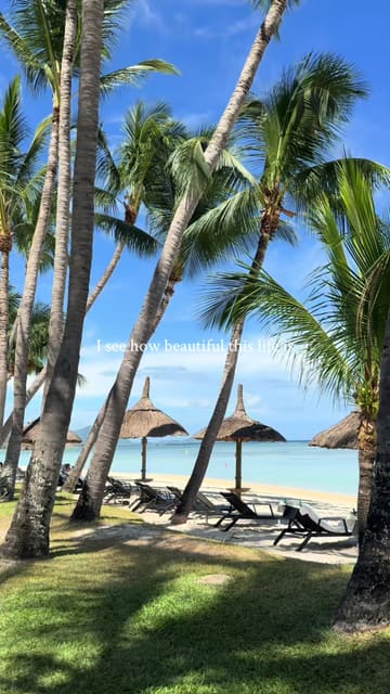 A travel montage featuring a couple enjoying a luxury holiday in Mauritius, including beach activities, swimming, golf, and dining at resort venues.