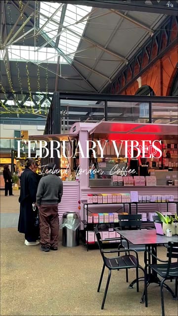 A travel and lifestyle montage featuring clips from a trip to Iceland and coffee shop visits in London, set to music with text overlays.