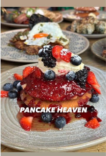 A short, punchy listicle video highlighting three different pancake dishes at various London brunch spots, focusing on close-up, appetizing shots of the food being prepared and served.