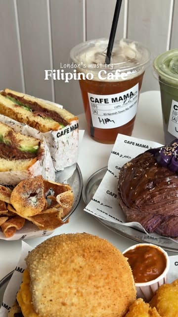 A short, visually focused reel showcasing various Filipino-inspired sandwiches, pastries, and drinks at Cafe Mama & Sons.