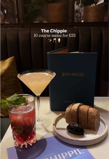 A promotional video for Six by Nico featuring their 'The Chippie' 10-course tasting menu. The video uses a series of quick, well-lit shots to display various courses, cocktails, and the restaurant's interior, accompanied by upbeat music and text overlays detailing the price and theme.