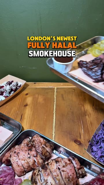 A short, punchy video showcasing a new Halal smokehouse in London. It features close-up shots of various smoked meats including brisket, ribs, and turkey, as well as a burger and sides. The video highlights the cooking process with shots of the smoker and provides a quick look at the venue's interior.