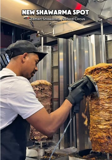 A fast-paced, engaging video review of Zaman Shawarma in Oxford Circus. The creator highlights the freshness of the chicken and beef shawarma, shows the preparation process including the rotisserie, and provides a clear, enthusiastic recommendation for a quick lunch or dinner spot.