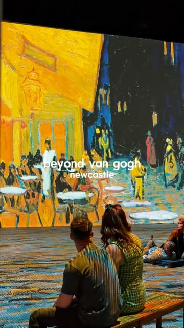 A montage showcasing the 'Beyond Van Gogh' immersive art exhibition at the Utilita Arena in Newcastle, featuring projections of famous paintings on walls and floors, and visitors interacting with the space.