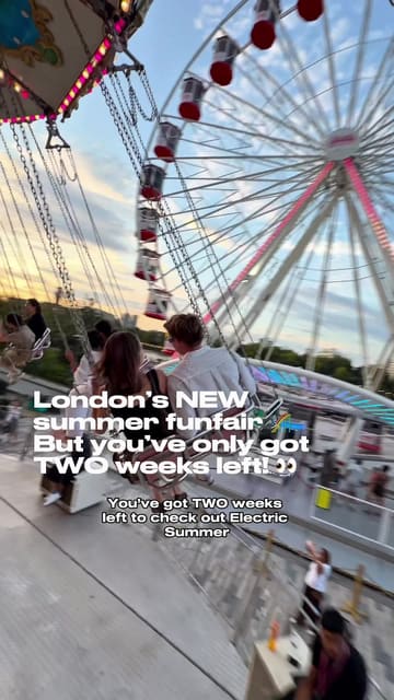 A vlog-style review of the 'Electric Summer' funfair at Battersea Power Station, showcasing the rides, games, and food options available.