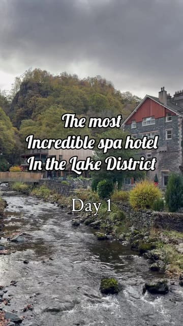A vlog-style video documenting a stay at Lodore Falls Hotel and Spa in the Lake District. The video features a tour of the suite, the view of the spa pool, and a dinner at the hotel's pan-Asian restaurant, Mizu, highlighting various dishes from their tasting menu.