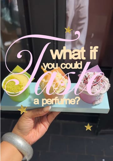 A creator visits a Mugler x Humble Crumble pop-up at Old Spitalfields Market, showcasing three limited-edition crumbles inspired by Mugler fragrances, including a free sample offer.