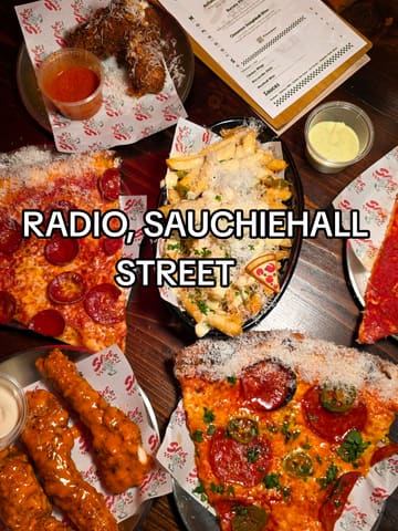 A vibrant video showcasing Radio Bar in Glasgow, highlighting their New York-style pizza slices, loaded fries, and mozzarella sticks, alongside the venue's lively nightlife atmosphere featuring live music and a dance floor.