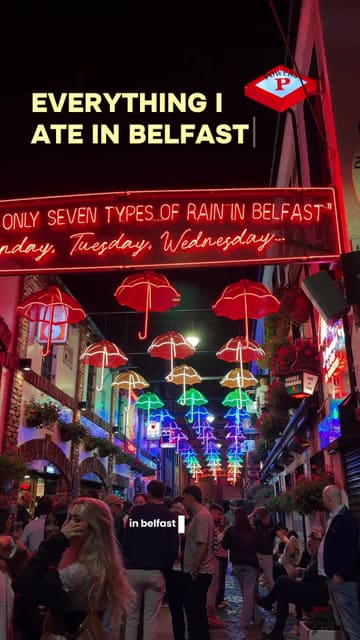A travel-focused food vlog documenting a three-day trip to Belfast, featuring visits to several popular local eateries including Bunsen, St George's Market, Waka, Trait, and Neighbourhood Cafe. The video uses a fast-paced, handheld style to showcase a variety of dishes, from burgers and Belfast baps to pastries and brunch items, providing quick reviews of each location.